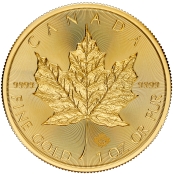 Maple Leaf 1 oz Gold, die Vorderseite der Münze mit dem Ahornblatt als Motiv