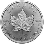 Maple Leaf Silber 1 oz, die Vorderseite der Silbermünze mit dem Ahornblatt als Motiv
