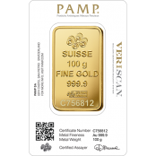 Goldbarren 100 Gramm Fortuna - Rückseite mit PAMP Suisse Logo